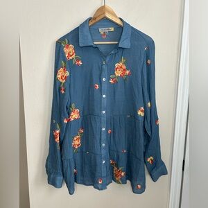 Figueroa & Flower Embroidered Floral Button-Up Tiered Blouse Long Sleeve Size XL